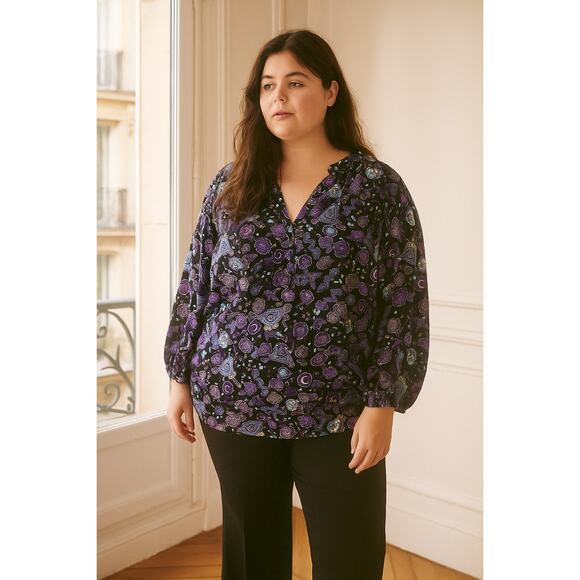 Disney Torrid Black Purple Haunted Mansion 3/4 Sleeve Split V Pop Over Top 3X - Picture 1 of 10